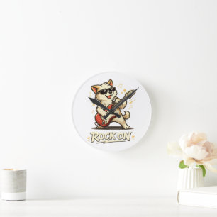 Rock On Gitarre Hund Lustige Rockmusik Runde Wanduhr