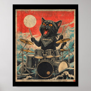 Rock On Vintage-Drummer-Katze Cooler Band-Stil-Ges Poster