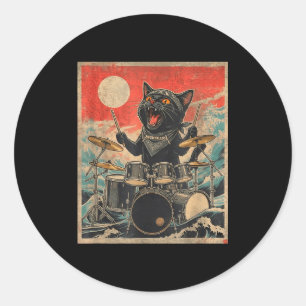Rock On Vintage-Drummer-Katze Cooler Band-Stil-Ges Runder Aufkleber
