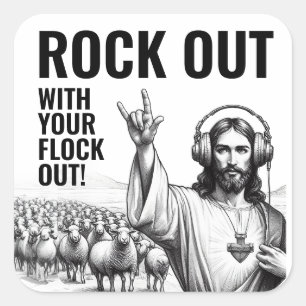 Rock Out mit deiner Herde Out! - Lustiges Jesus Me Quadratischer Aufkleber