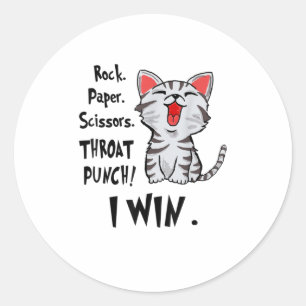 Rock Paper Scissor Throat Punch I Win Cat F Runder Aufkleber