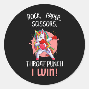 Rock Paper Scissors Throat Punch I Win Unicorn Box Runder Aufkleber
