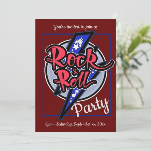 Rock & Roll Lightning Rotes Party Einladung (Stehend Vorderseite)