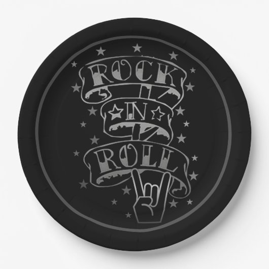 Rock & Roll-Logo für Schwarz und Silber Pappteller (Vorderseite)
