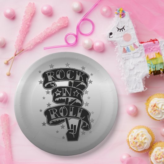 Rock & Roll-Logopapier für Schwarz und Silber 2 Te Pappteller (Party)