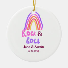 Rock & roll wedding add couple name retro rainbow  keramik ornament