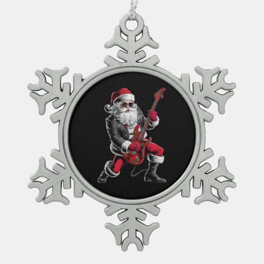 Rock & Roll Weihnachtsmann-Claus Gitarrist Schneeflocken Zinn-Ornament (Vorderseite)