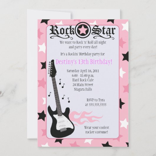 ROCK STAR 12x18 Pink Rocker Einladung zum Geburtst (Vorderseite)