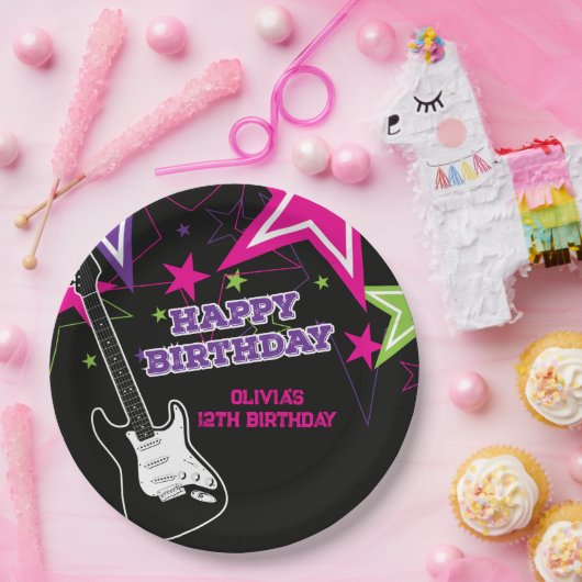 Rock Star Birthday Gitarren Stars Pink Lila Papier Pappteller (Party)