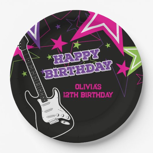Rock Star Birthday Gitarren Stars Pink Lila Papier Pappteller (Vorderseite)