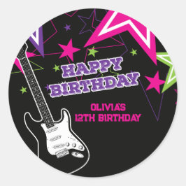 Rock Star Birthday Gitarren Stars Pink Lila Runder Aufkleber