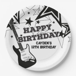 Rock Star Birthday Guitar Schwarz-weiß Stars Pappteller
