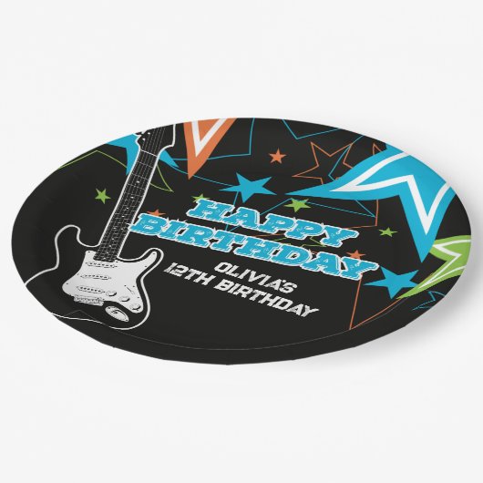 Rock Star Birthday Guitar Stars Blue Orange Pappteller (Schrägansicht)