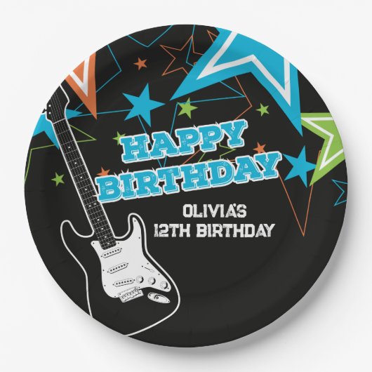 Rock Star Birthday Guitar Stars Blue Orange Pappteller (Vorderseite)