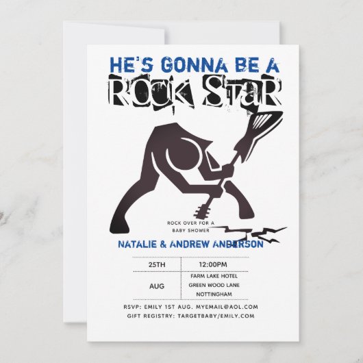 ROCK STAR BOYS Baby Dusche Blue Black Break Gitarr Einladung (Vorderseite)