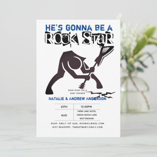 ROCK STAR BOYS Baby Dusche Blue Black Break Gitarr Einladung (Stehend Vorderseite)