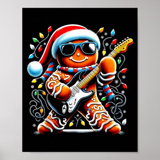 Rock Star Gingerbread Christmas Guitar Lights Men  Poster (Vorne)