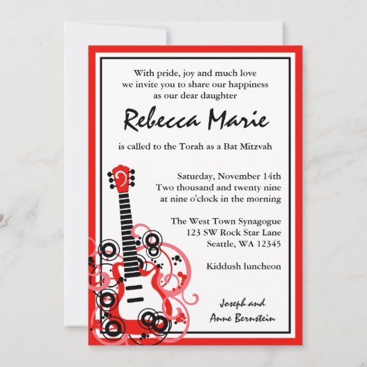 Rock Star Gitarre Bat Mitzvah Red und Black Einladung (Vorderseite)