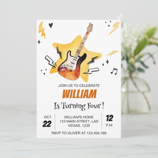 Rock Star Gitarre Rock and Roll Birthday Einladung (Stehend Vorderseite)