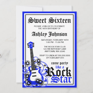 Rock Star Gitarre Sweet 16 Geburtstagsparty Blue Einladung