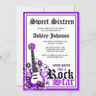 Rock Star Gitarre Sweet 16 Geburtstagsparty Lila Einladung