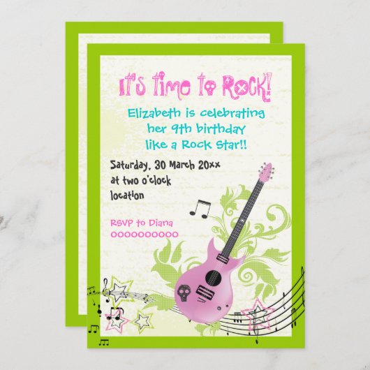 Rock star mädchenhafte Gitarre Geburtstag Einladung (Vorne/Hinten)