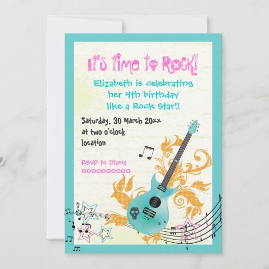 Rock star mädchenhafte Gitarre Geburtstag Einladung (Vorderseite)