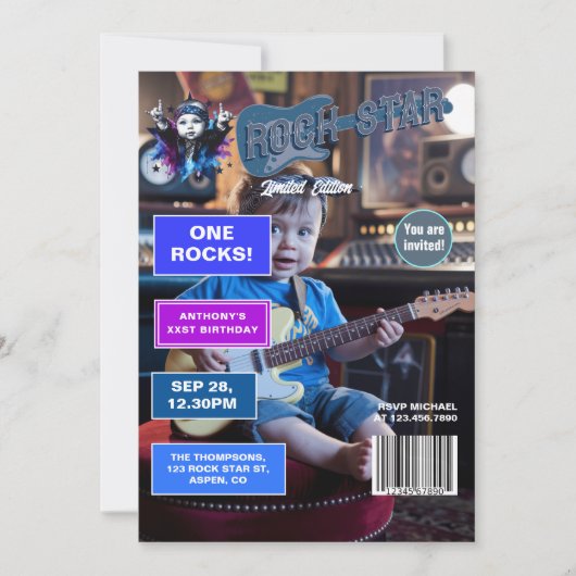 Rock Star "One Rocks"! Zeitschrift Cover 1. Geburt Einladung (Vorderseite)