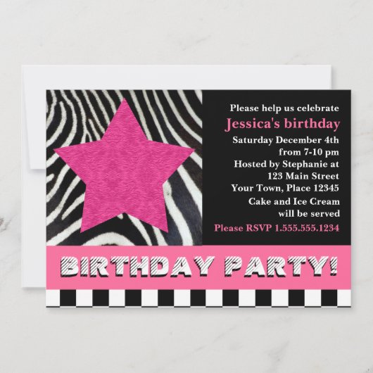 Rock Star Zebra Geburtstagsparty - Rosa Einladung (Vorderseite)