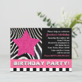 Rock Star Zebra Geburtstagsparty - Rosa Einladung (Stehend Vorderseite)