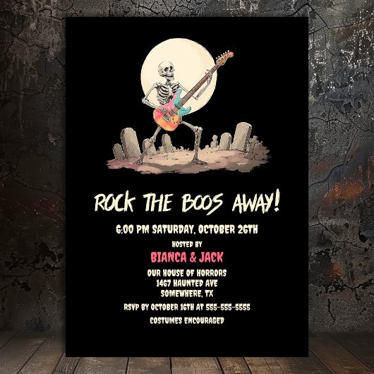 Rock the Boos Away Skeleton Halloween-Party Einladung