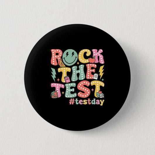 Rock The Test Testing Day Retro Motivational Teach Button (Vorderseite)