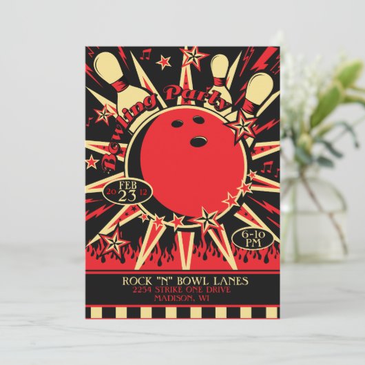 Rockabilly Bowling Party Einladung (Stehend Vorderseite)