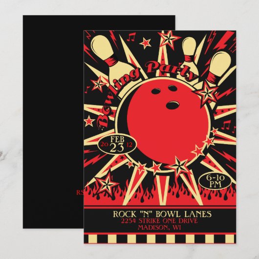 Rockabilly Bowling Party Einladung (Vorne/Hinten)