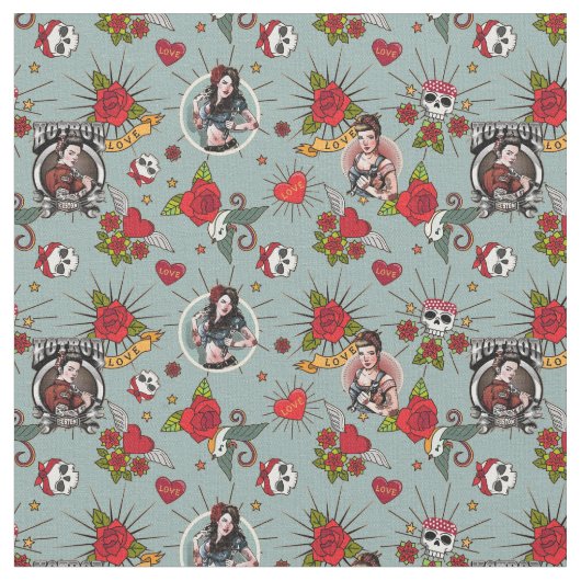 Rockabilly Button Up Girls Mechanik und Rose Stoff (Nahaufnahme)