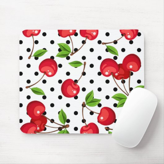 Rockabilly Cherries Polka Dots on White Mousepad (Mit Mouse)
