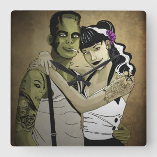 Rockabilly Frank und Bride Quadratische Wanduhr