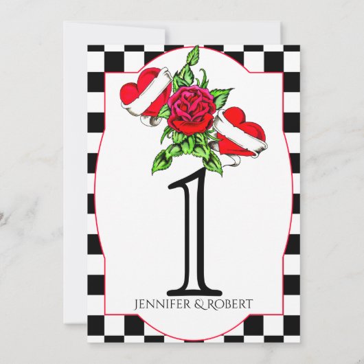 Rockabilly Hearts Rose Wedding Tischnummer (Rückseite)
