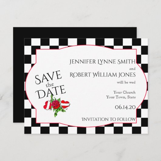 Rockabilly Hearts und Rose Hochzeit Speichern Sie  Save The Date (Vorne/Hinten)