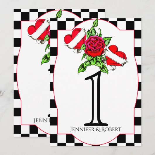 Rockabilly Herzen Rose Hochzeit Tisch Nummer Einladung (Vorne/Hinten)