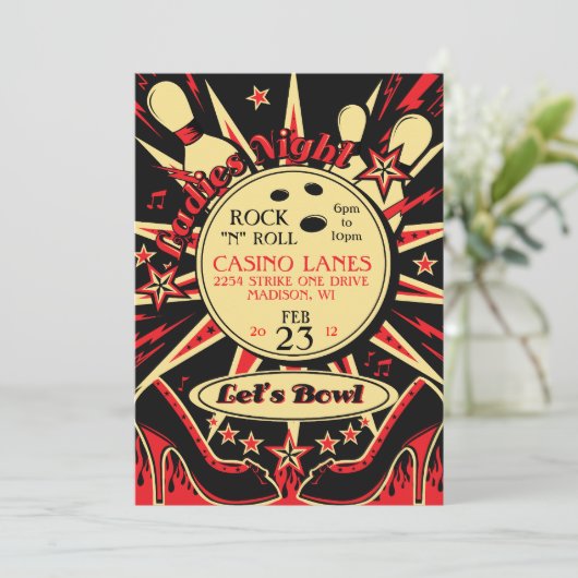 Rockabilly Ladys Party Bowling Einladung (Stehend Vorderseite)