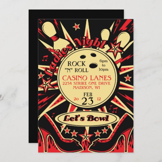 Rockabilly Ladys Party Bowling Einladung (Vorne/Hinten)
