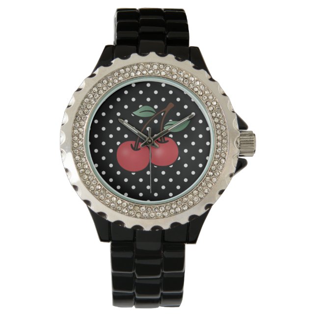 ROCKABILLY POKE DOTS CHERRY WRIST WATCH ARMBANDUHR (Vorderseite)