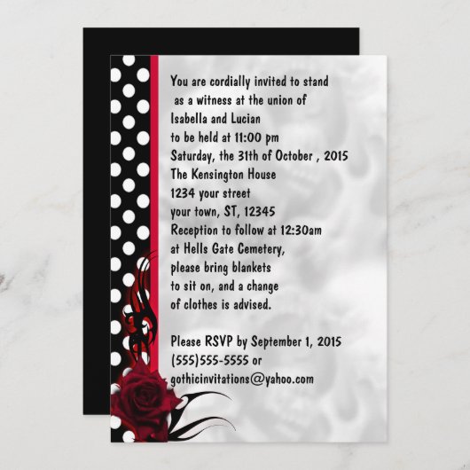 Rockabilly-Rose und Polka Dots Goth Wedding Einladung (Vorne/Hinten)