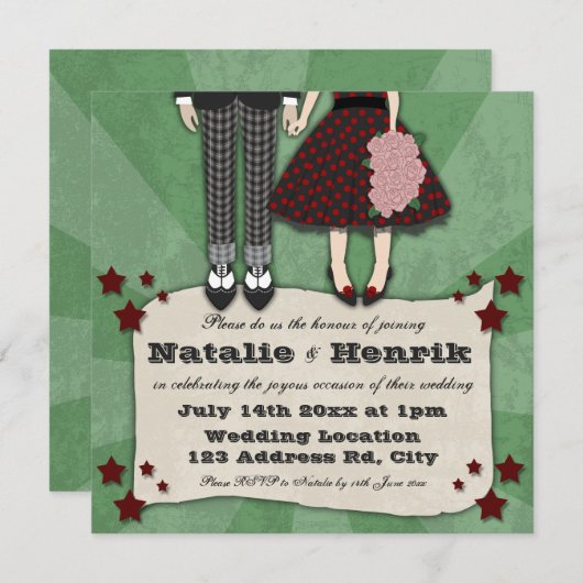 Rockabilly Wedding, 5.25x5.25 Hochzeit Einladung (Vorne/Hinten)