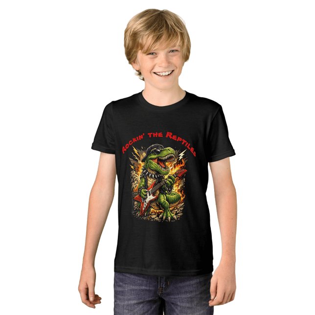 Rockender T-Rex-Dinosaur mit Gitarre Tri-Blend Shirt (Von Creator hochgeladen)