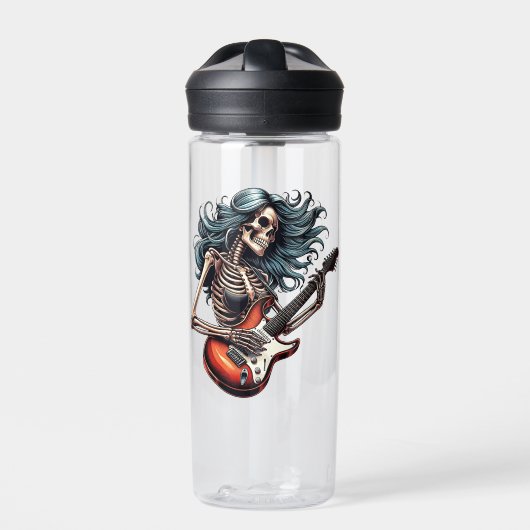 Rocker Chick Skeleton Frau spielt Gitarre Trinkflasche (Vorderseite)