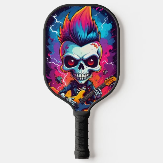 Rocker-Schädel mit Mohawk-Frisur Pickleball Schläger (Vorderseite)