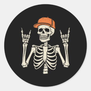 Rocker Skeleton Rock On Hand Halloween Skelett Me Runder Aufkleber
