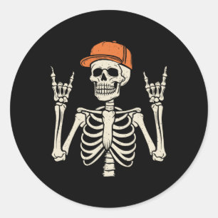 Rocker Skeleton Rock On Hand Halloween Skelett Me Runder Aufkleber